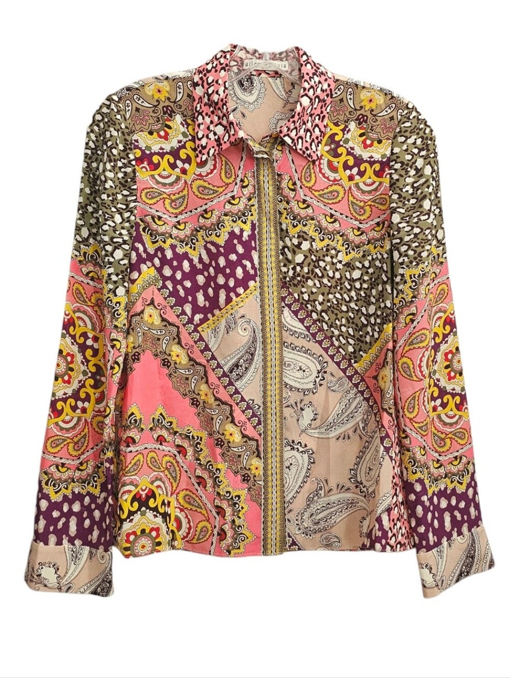 Alice + Olivia Willa Silk Mutli Colour Boho Pattern Blouse w Hidden Placket XS